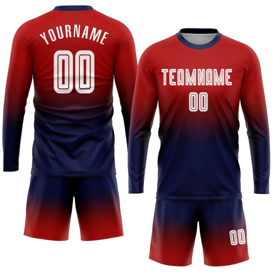 Fußball Fade Sublimation Fashion Custom Jersey Rot Uniform Weiß-Marine Langarm