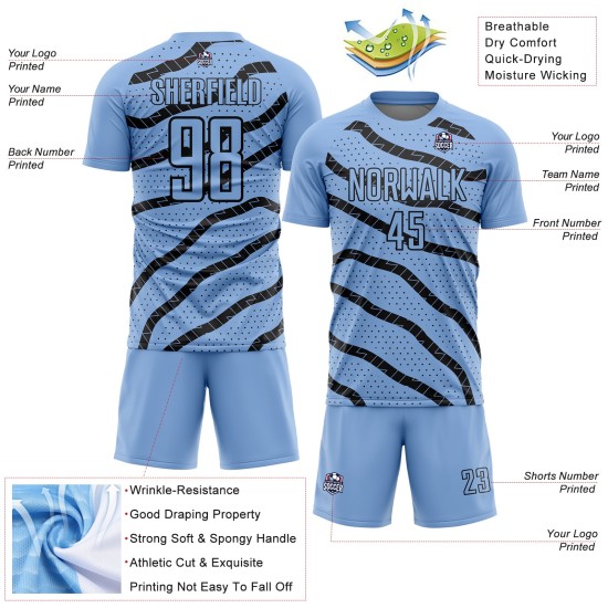 Benutzerdefinierte Licht Jersey Fußball Blau Uniform Sublimation Linien Punkte Und Schwarz