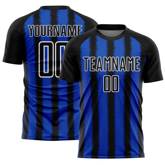 Benutzerdefinierte blau-weiße Trikotlinie Thunder Uniform Sublimation Schwarz Fußball