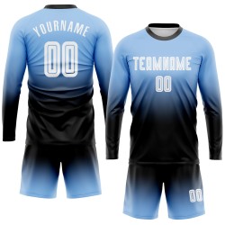 Blaue Fußballuniform Lange Sublimation Fashion Jersey Fade Light Weiß-Schwarz Custom Sleeve