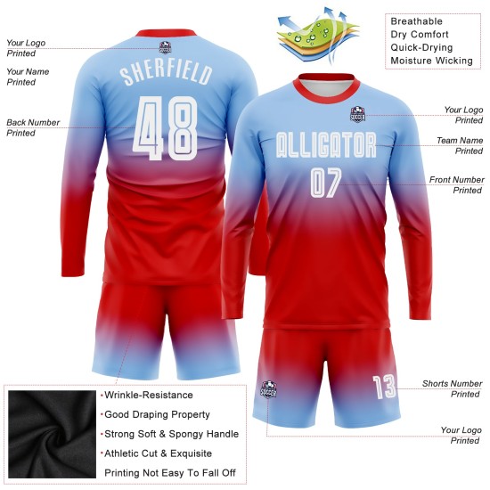 Ärmel Sublimation Fußball Blau Verblassen Lange Mode Licht Uniform Custom Jersey Weiß-Rot