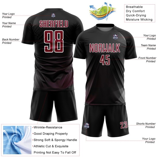 Geometrische benutzerdefinierte schwarze Sublimation Fußball Linien Uniform Jersey Crimson-Weiß Geometrische benutzerdefinierte schwarze Sublimation Fußball Linien Uniform Jersey Crimson-Weiß