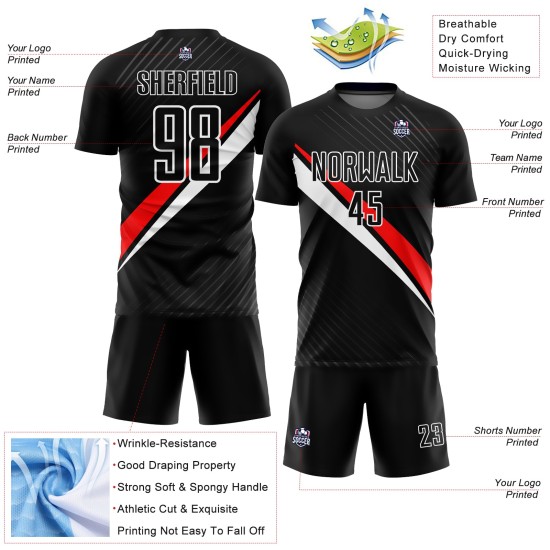 Fußball Sublimation Rot-Weiß Linien Jersey Schwarz Uniform Custom Diagonal