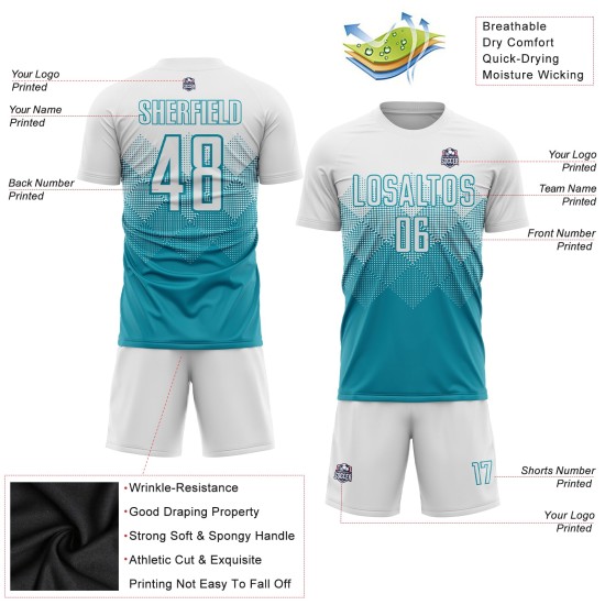 Benutzerdefinierte Teal Jersey Uniform Weiß Fußball Sublimation