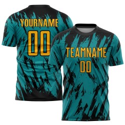 Schwarz Teal Custom Gold Uniform Fußball Sublimation Jersey