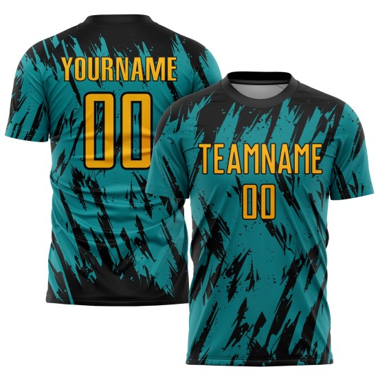 Schwarz Teal Custom Gold Uniform Fußball Sublimation Jersey
