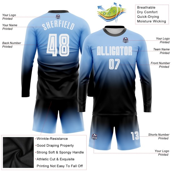 Blaue Fußballuniform Lange Sublimation Fashion Jersey Fade Light Weiß-Schwarz Custom Sleeve