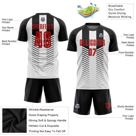 Schwarzes Fußballtrikot mit individueller Sublimation, rot-weiße Uniform