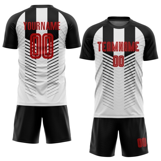 Schwarzes Fußballtrikot mit individueller Sublimation, rot-weiße Uniform