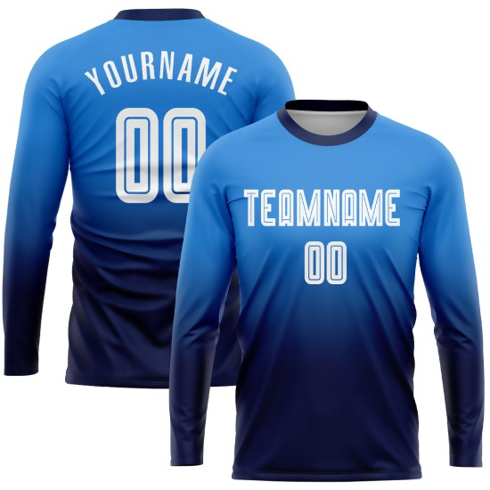 Weiß-Marineblau Custom Sleeve Fashion Uniform Powder Blue Soccer Fade Sublimation Long Jersey