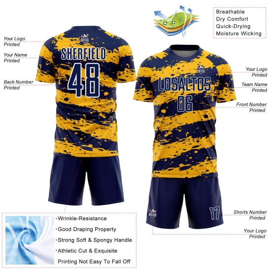 Uniform Fußballtrikot Marineblau Gold-Weiß Sublimation Splash Custom