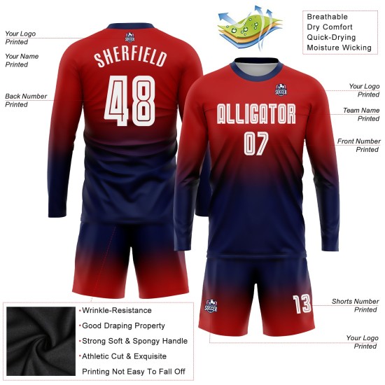 Fußball Fade Sublimation Fashion Custom Jersey Rot Uniform Weiß-Marine Langarm