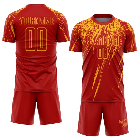 Rotes, benutzerdefiniertes goldenes Trikot mit Sublimationsdruck, Fußballuniform
