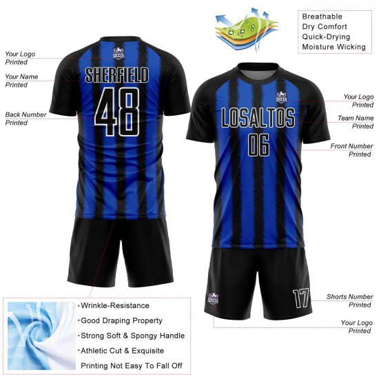 Benutzerdefinierte blau-weiße Trikotlinie Thunder Uniform Sublimation Schwarz Fußball